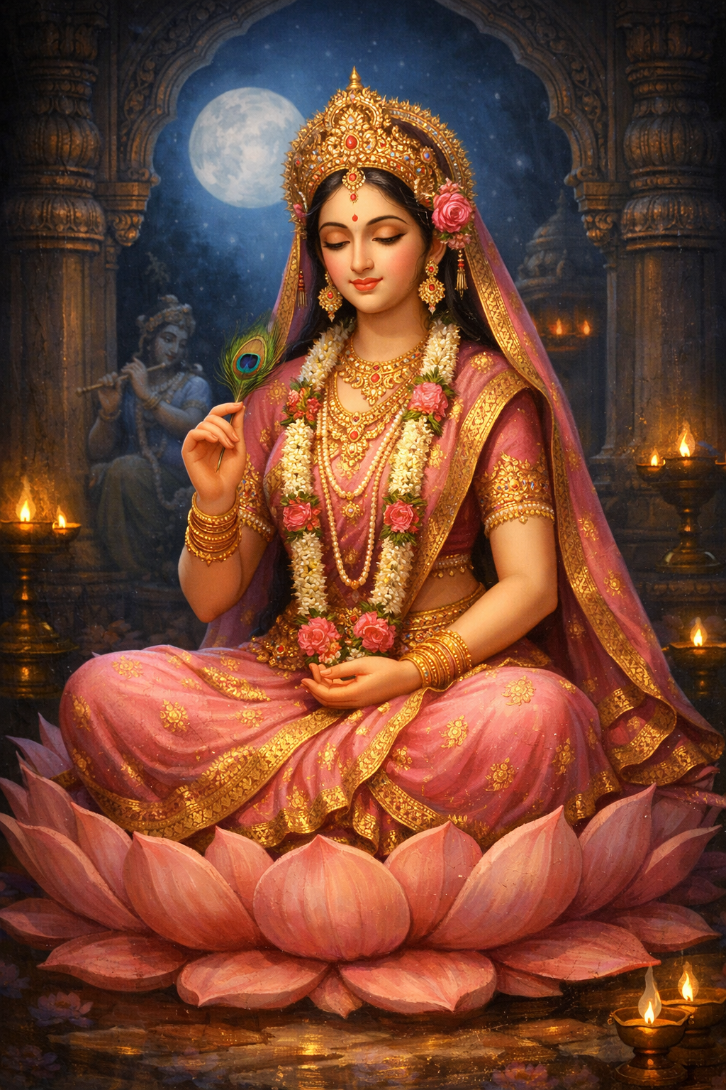 Radha Rani seated on lotus throne in meditation holding peacock feather with temple oil lamps and moonlight — HD wallpaper